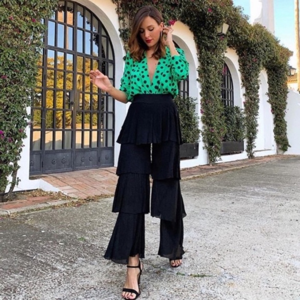 ZARA POLKA DOT Black Green BLOUSE XS 205/mn - Picture 2 of 7